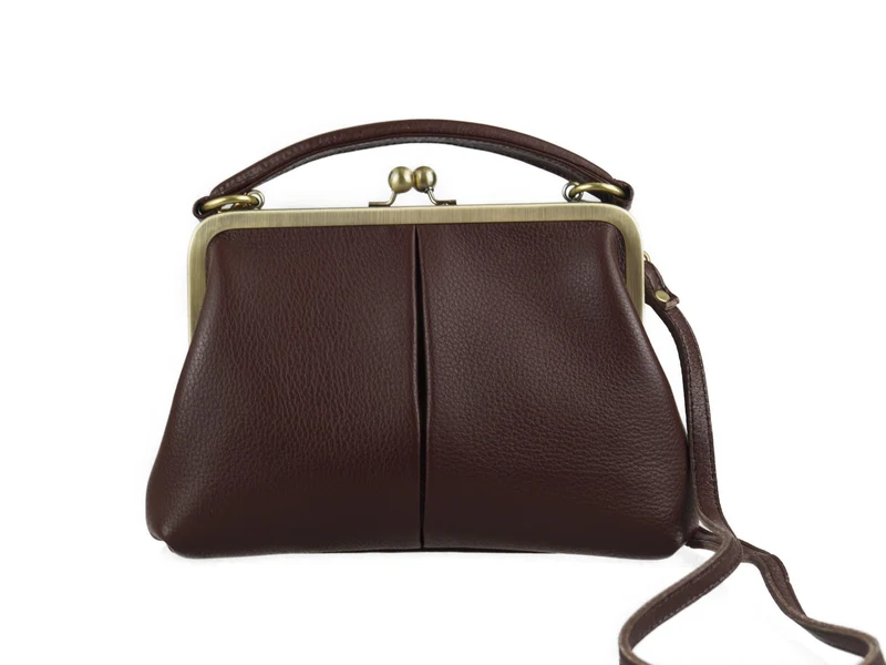 Retro Handtasche Leder - Kleine Olive in Dunkelbraun, Henkeltasche, Umhängetasche, Bügeltasche