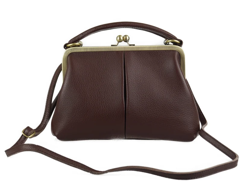 Retro Handtasche Leder - Kleine Olive in Dunkelbraun, Henkeltasche, Umhängetasche, Bügeltasche
