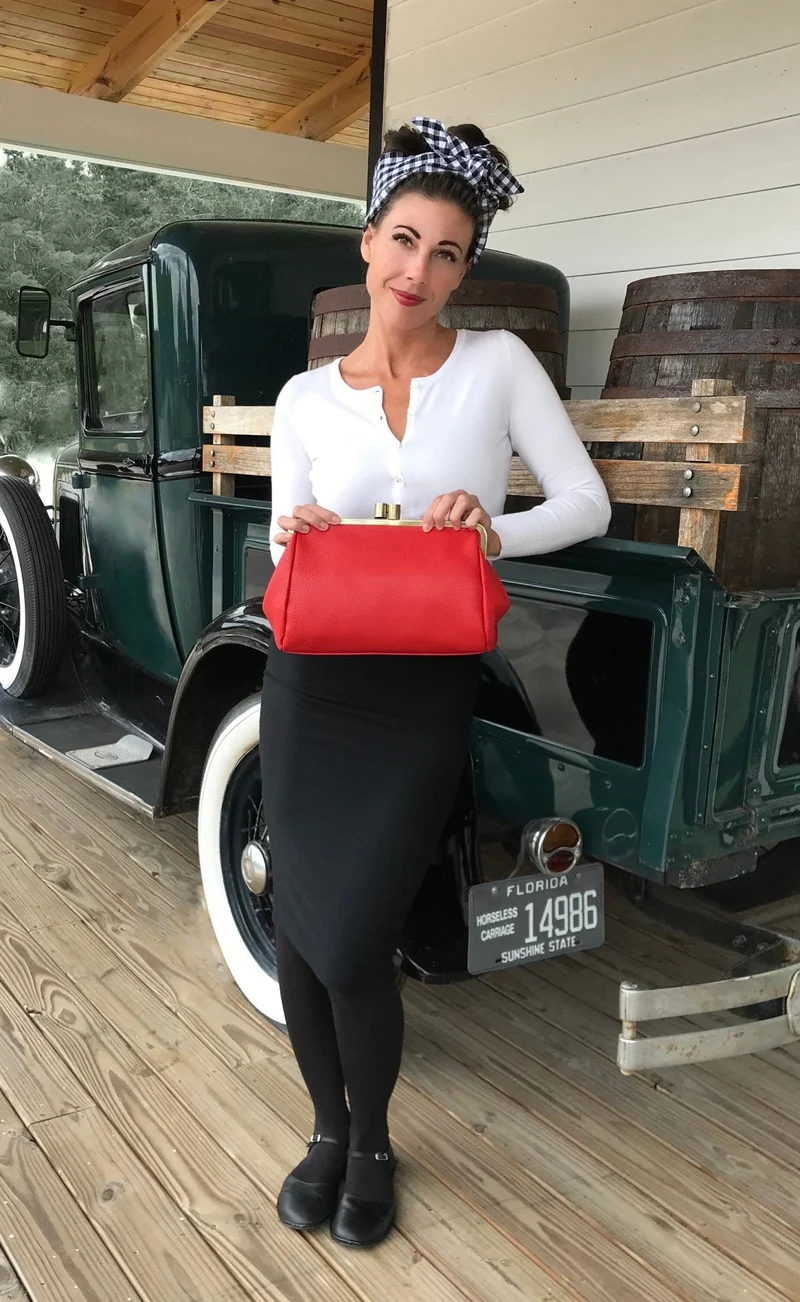 Vintage Leder Handtasche, Vintage Clutch "Dakota" in rot, Ledertasche, Leder Schultertasche, Leder Tasche mit Klippverschluss