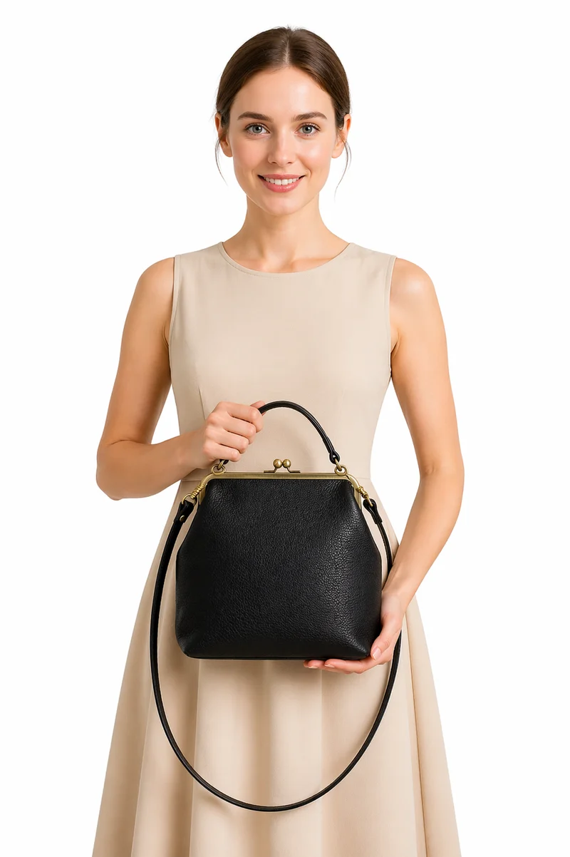 Schwarze Lederhandtasche - Zoe, Retro Damen Schultertasche und Umhängetasche
