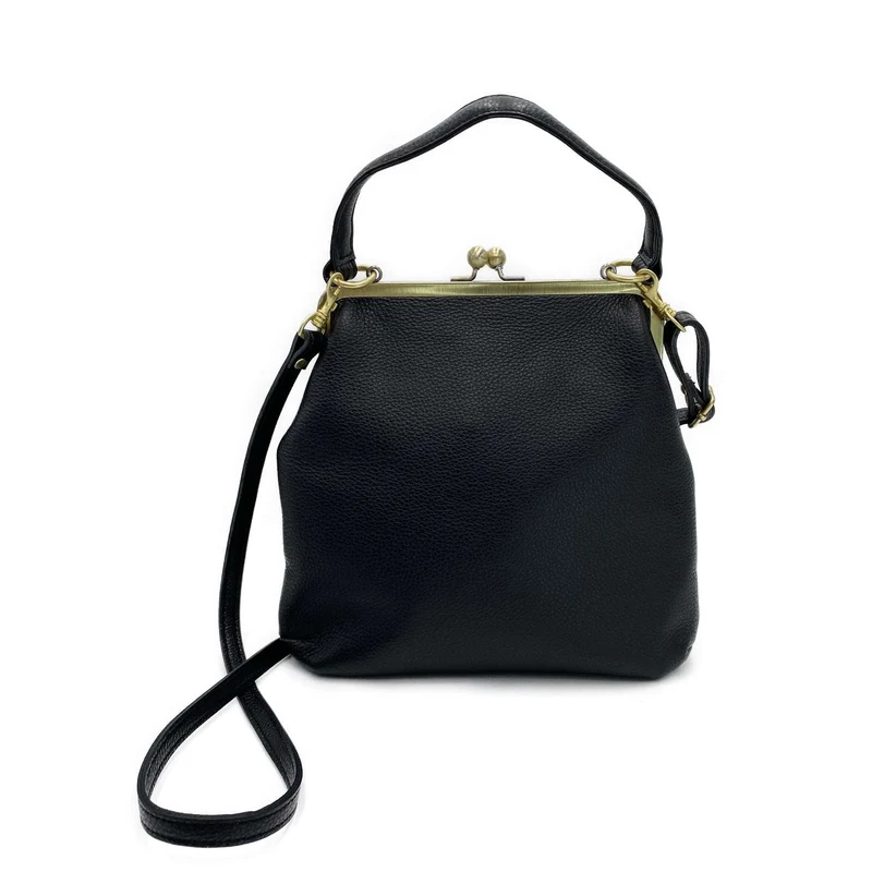 Schwarze Lederhandtasche - Zoe, Retro Damen Schultertasche und Umhängetasche