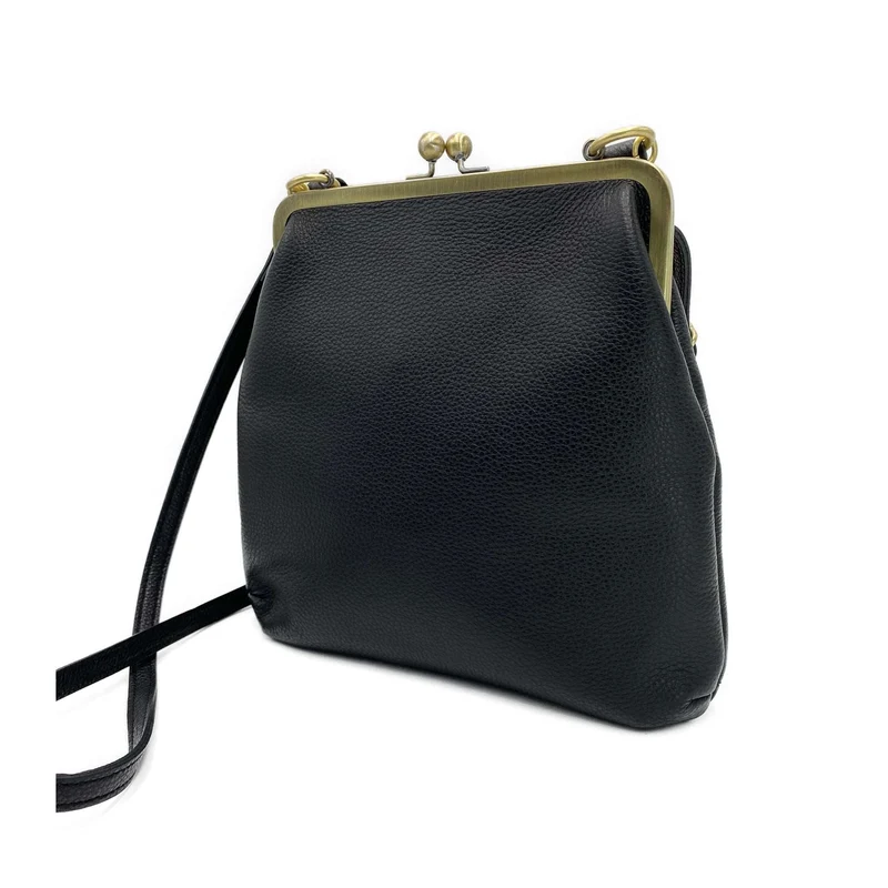 Schwarze Lederhandtasche - Zoe, Retro Damen Schultertasche und Umhängetasche