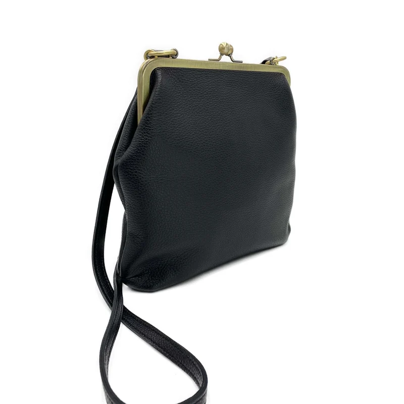 Schwarze Lederhandtasche - Zoe, Retro Damen Schultertasche und Umhängetasche