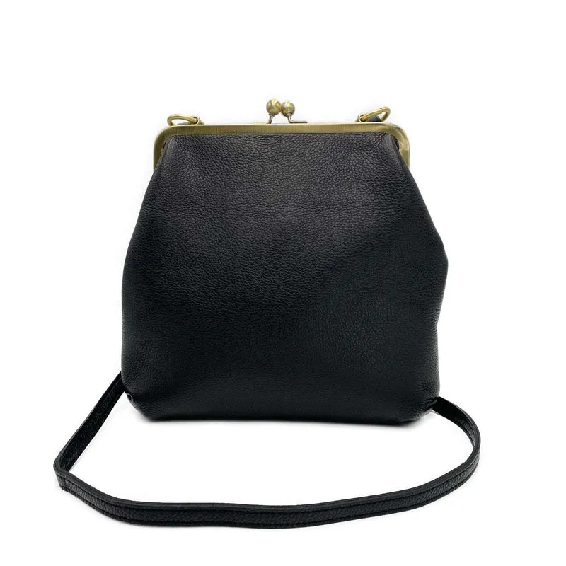 Schwarze Lederhandtasche - Zoe, Retro Damen Schultertasche und Umhängetasche