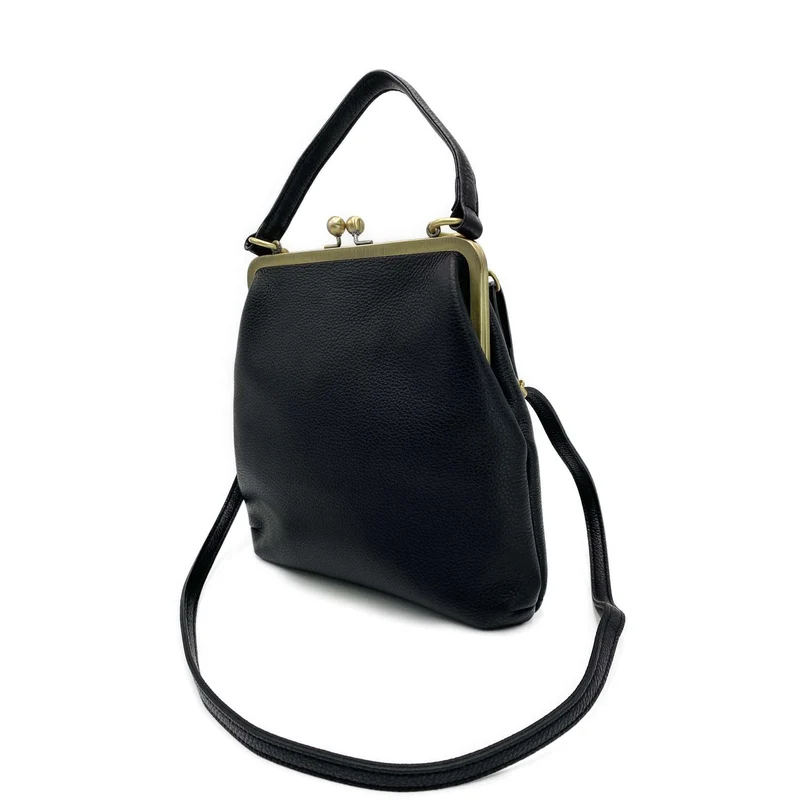Schwarze Lederhandtasche - Zoe, Retro Damen Schultertasche und Umhängetasche
