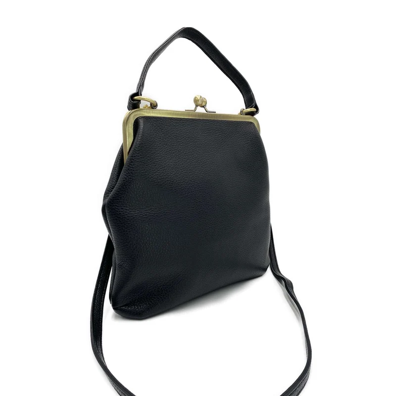 Schwarze Lederhandtasche - Zoe, Retro Damen Schultertasche und Umhängetasche