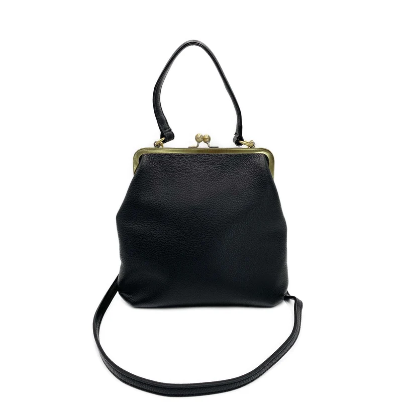 Schwarze Lederhandtasche - Zoe, Retro Damen Schultertasche und Umhängetasche
