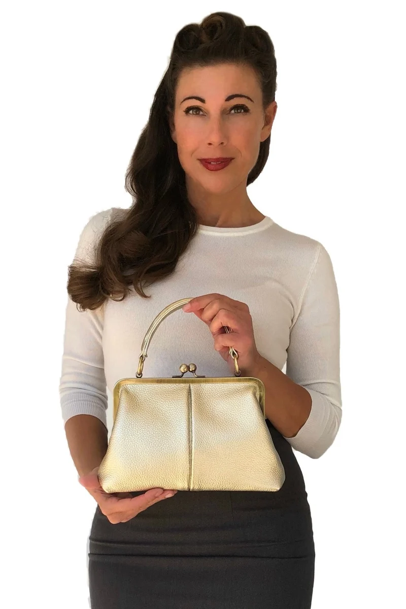 Leder Umhängetasche Damen - Kleine Olive in Gold - Ledertasche, Henkeltasche, Schultertasche - Retro-Stil