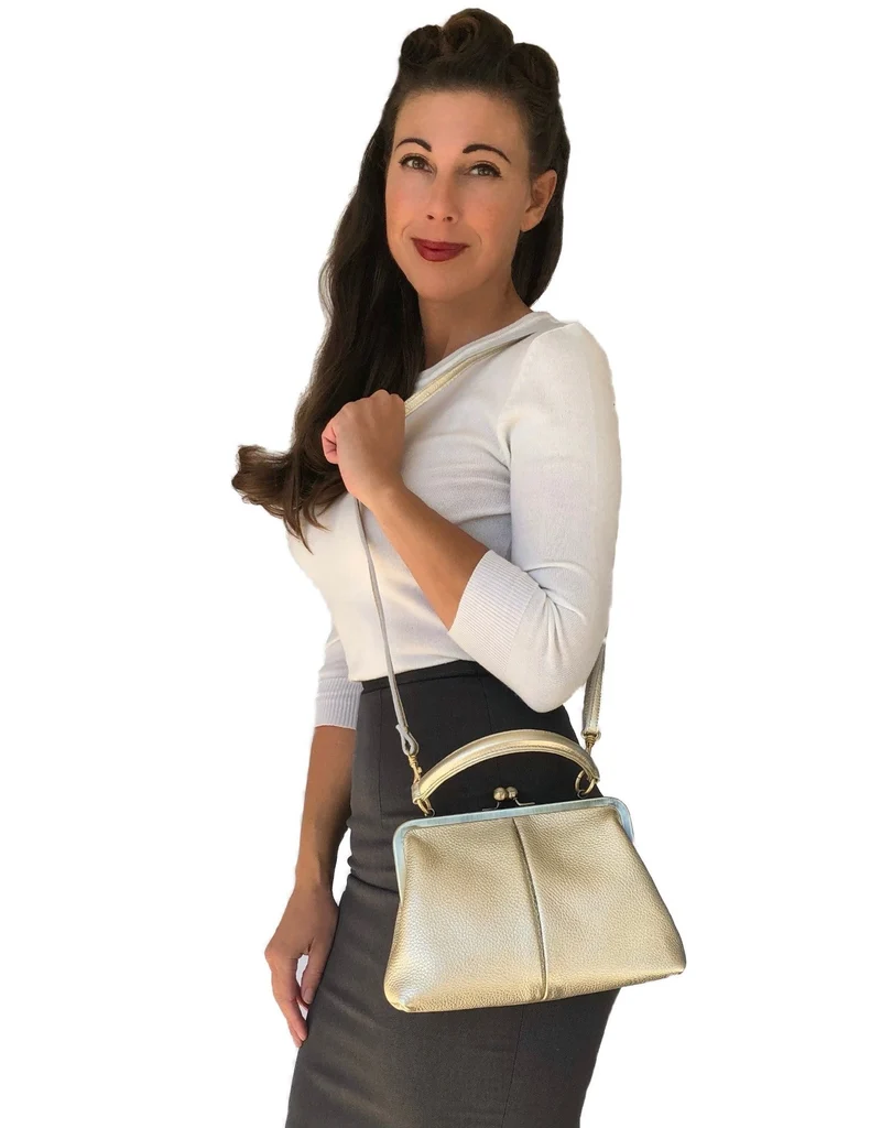 Leder Umhängetasche Damen - Kleine Olive in Gold - Ledertasche, Henkeltasche, Schultertasche - Retro-Stil