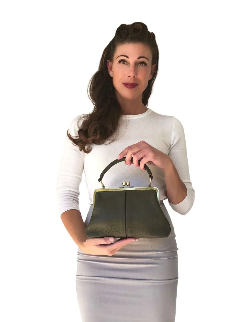 Retro Leder Damentasche - Kleine Olive in Dunkelgrün, Henkeltasche, Schultertasche, Umhängetasche, Bügeltasche