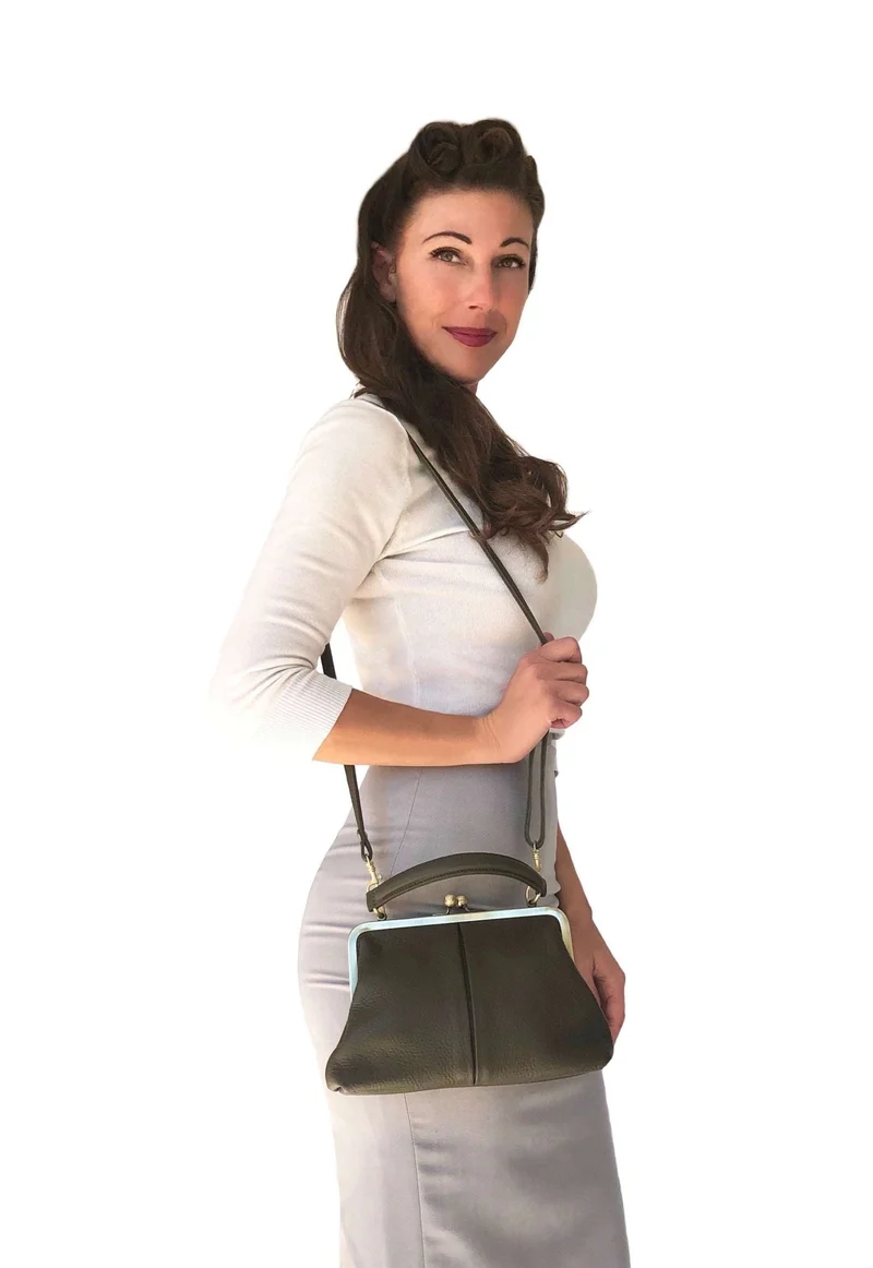 Retro Leder Damentasche - Kleine Olive in Dunkelgrün, Henkeltasche, Schultertasche, Umhängetasche, Bügeltasche