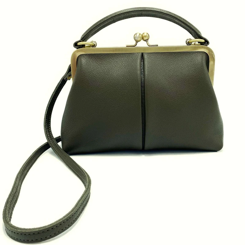 Retro Leder Damentasche - Kleine Olive in Dunkelgrün, Henkeltasche, Schultertasche, Umhängetasche, Bügeltasche