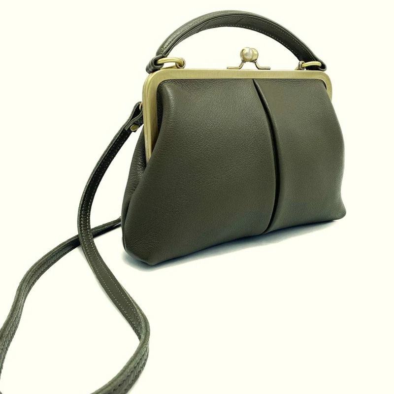 Retro Leder Damentasche - Kleine Olive in Dunkelgrün, Henkeltasche, Schultertasche, Umhängetasche, Bügeltasche