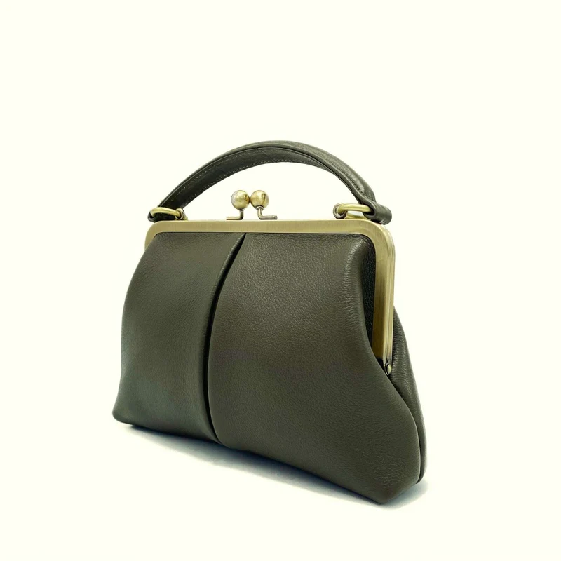 Retro Leder Damentasche - Kleine Olive in Dunkelgrün, Henkeltasche, Schultertasche, Umhängetasche, Bügeltasche