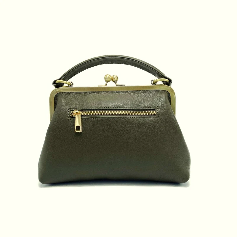 Retro Leder Damentasche - Kleine Olive in Dunkelgrün, Henkeltasche, Schultertasche, Umhängetasche, Bügeltasche