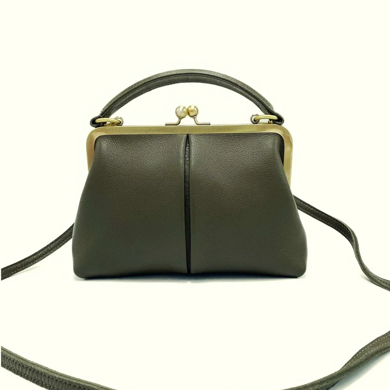 Retro Leder Damentasche - Kleine Olive in Dunkelgrün, Henkeltasche, Schultertasche, Umhängetasche, Bügeltasche