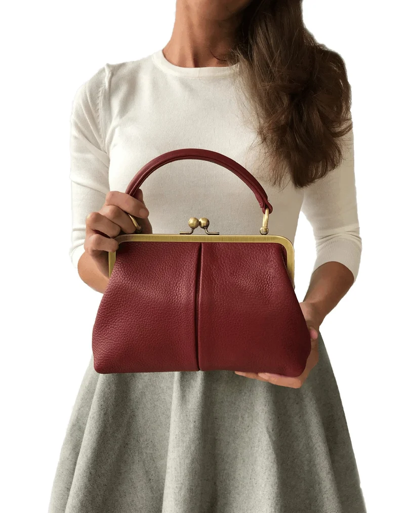 Leder Handtasche Damen - Kleine Olive in Dunkelrot - Henkeltasche, Schultertasche, Bügeltasche - Vintage-Stil