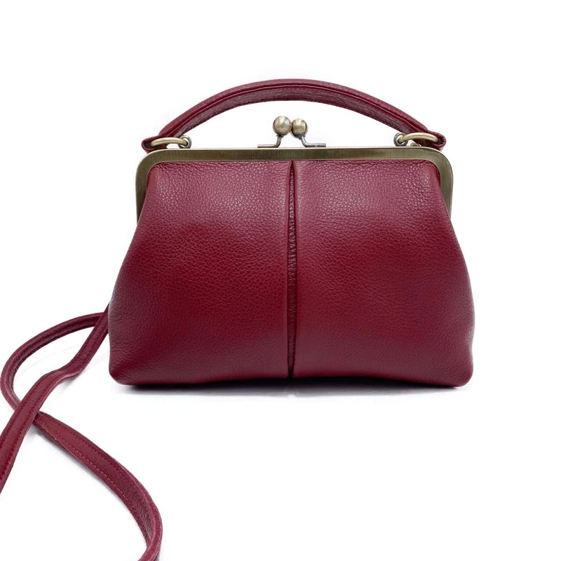 Leder Handtasche Damen - Kleine Olive in Dunkelrot - Henkeltasche, Schultertasche, Bügeltasche - Vintage-Stil