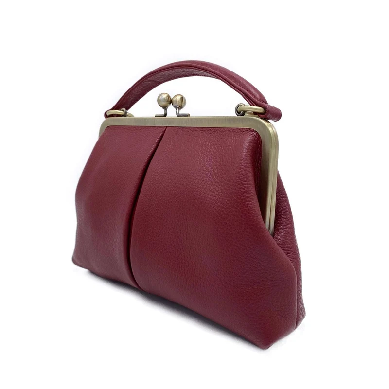 Leder Handtasche Damen - Kleine Olive in Dunkelrot - Henkeltasche, Schultertasche, Bügeltasche - Vintage-Stil