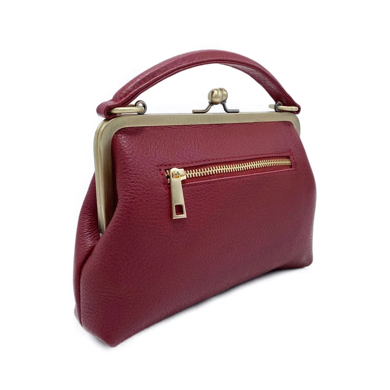 Leder Handtasche Damen - Kleine Olive in Dunkelrot - Henkeltasche, Schultertasche, Bügeltasche - Vintage-Stil