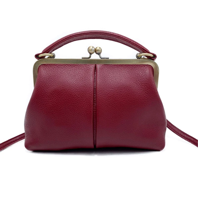 Leder Handtasche Damen - Kleine Olive in Dunkelrot - Henkeltasche, Schultertasche, Bügeltasche - Vintage-Stil