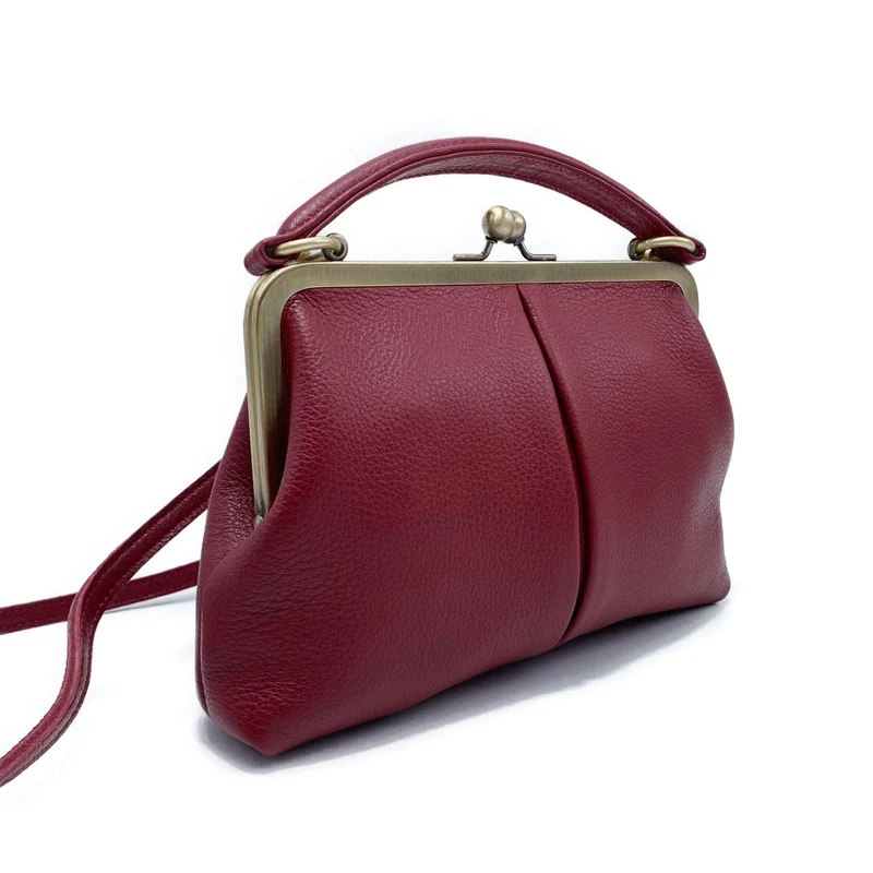 Leder Handtasche Damen - Kleine Olive in Dunkelrot - Henkeltasche, Schultertasche, Bügeltasche - Vintage-Stil