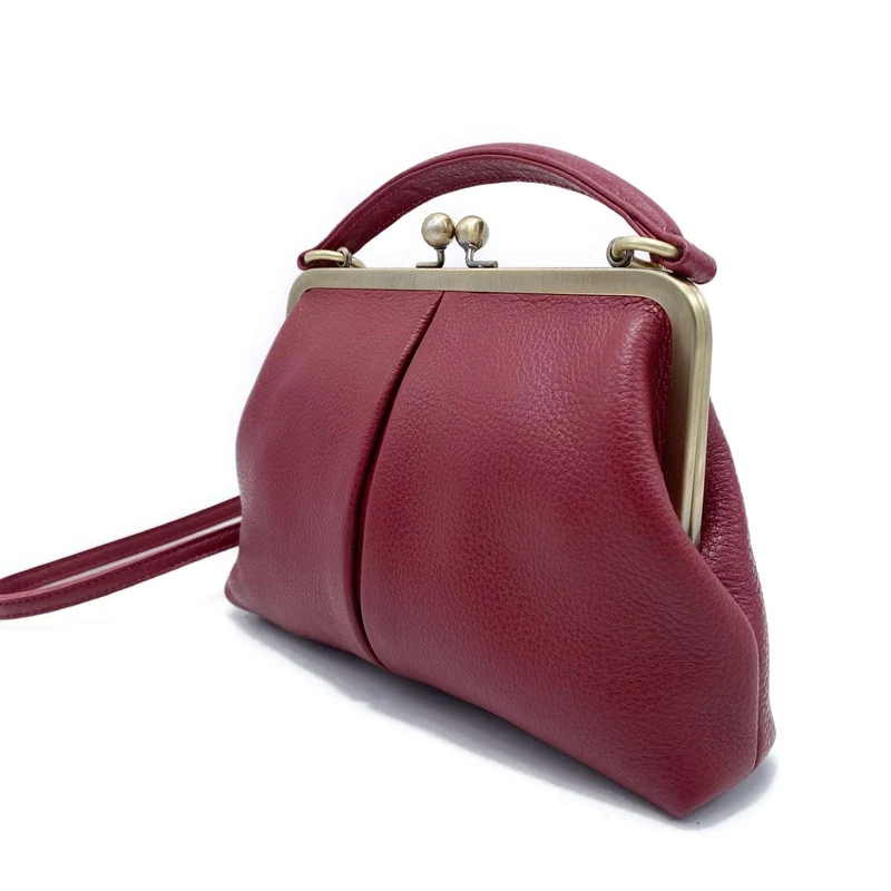 Leder Handtasche Damen - Kleine Olive in Dunkelrot - Henkeltasche, Schultertasche, Bügeltasche - Vintage-Stil