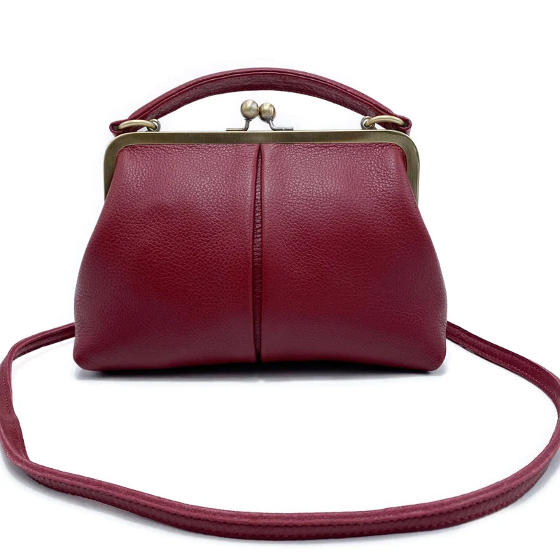 Leder Handtasche Damen - Kleine Olive in Dunkelrot - Henkeltasche, Schultertasche, Bügeltasche - Vintage-Stil