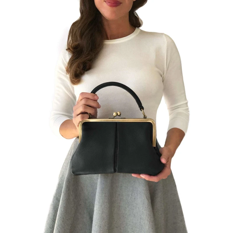 Retro Leder Handtasche und Umhängetasche - Kleine Olive in Schwarz - Henkeltasche und Schultertasche - Bügeltasche mit Clipverschluss