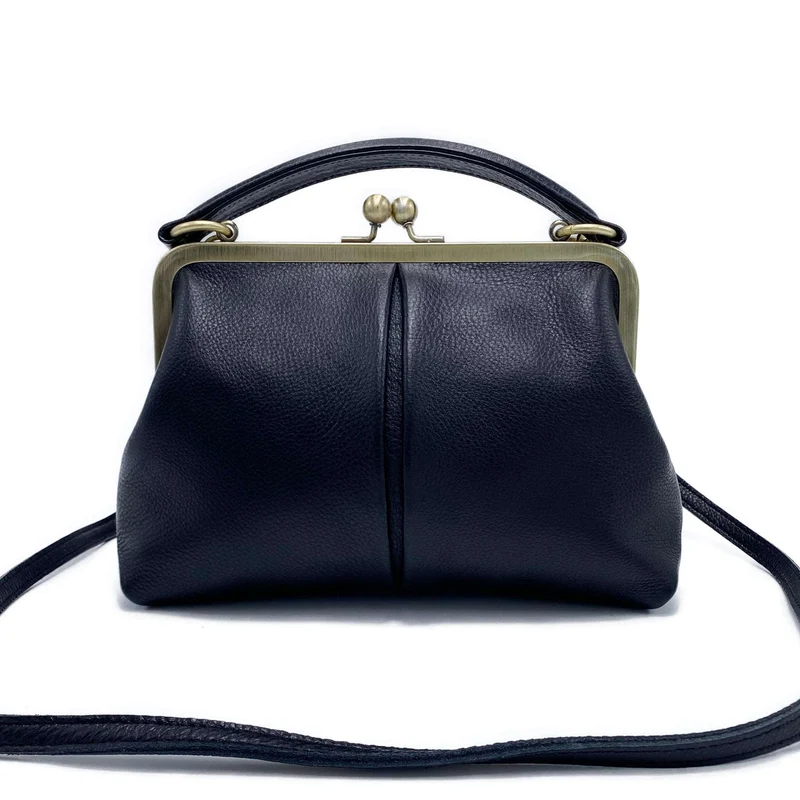Retro Leder Handtasche und Umhängetasche - Kleine Olive in Schwarz - Henkeltasche und Schultertasche - Bügeltasche mit Clipverschluss