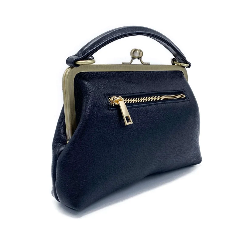Retro Leder Handtasche und Umhängetasche - Kleine Olive in Schwarz - Henkeltasche und Schultertasche - Bügeltasche mit Clipverschluss