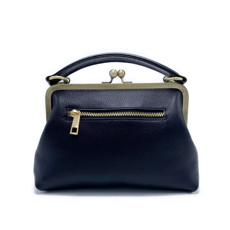 Retro Leder Handtasche und Umhängetasche - Kleine Olive in Schwarz - Henkeltasche und Schultertasche - Bügeltasche mit Clipverschluss