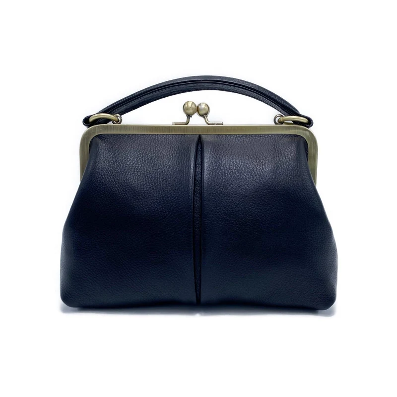 Retro Leder Handtasche und Umhängetasche - Kleine Olive in Schwarz - Henkeltasche und Schultertasche - Bügeltasche mit Clipverschluss