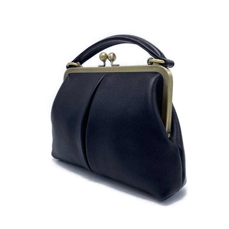 Retro Leder Handtasche und Umhängetasche - Kleine Olive in Schwarz - Henkeltasche und Schultertasche - Bügeltasche mit Clipverschluss