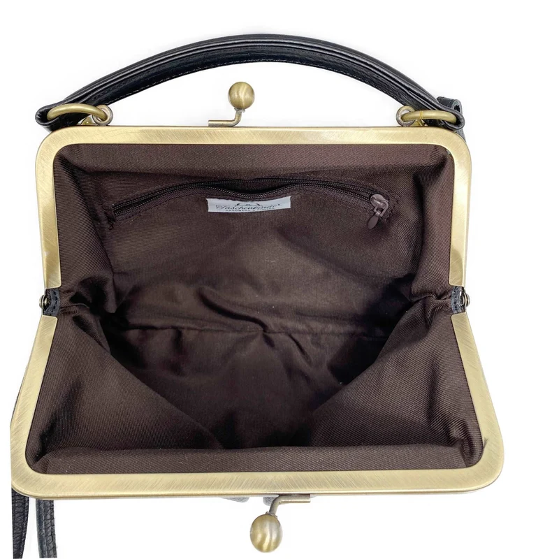 Retro Leder Handtasche und Umhängetasche - Kleine Olive in Schwarz - Henkeltasche und Schultertasche - Bügeltasche mit Clipverschluss