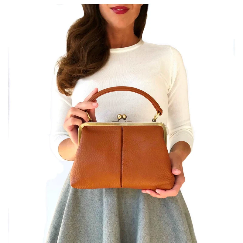 Vintage Leder Handtasche Damen - Kleine Olive in Braun, Henkeltasche, Schultertasche, Umhängetasche, Bügeltasche