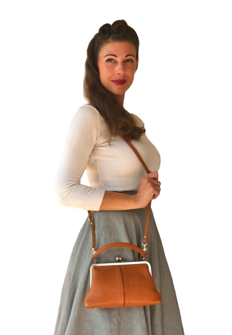 Vintage Leder Handtasche Damen - Kleine Olive in Braun, Henkeltasche, Schultertasche, Umhängetasche, Bügeltasche