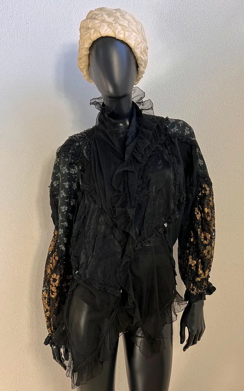Vintage 80s Black Romantic Tulle Blouse