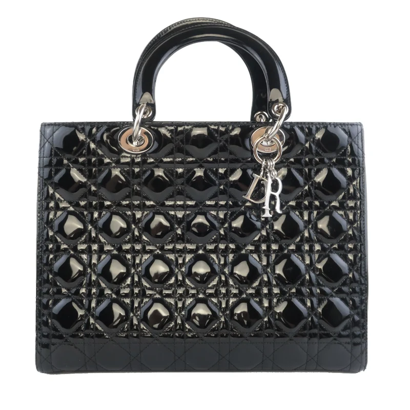 Christian Dior Black Cannage Patent Leather Large Lady Dior Shoulder Bag
