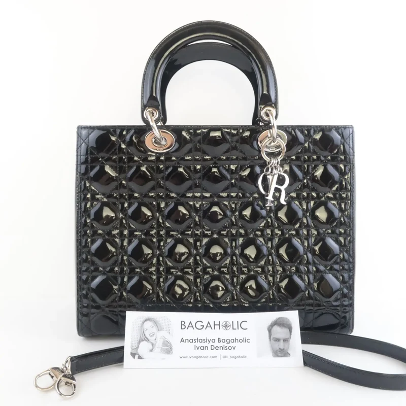 Christian Dior Black Cannage Patent Leather Large Lady Dior Shoulder Bag