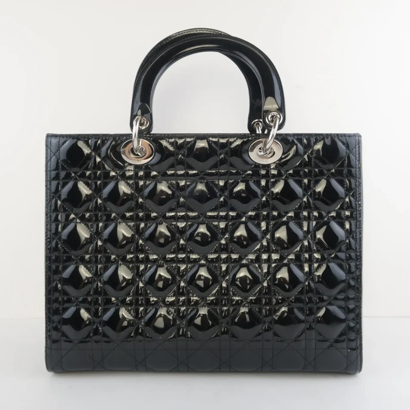 Christian Dior Black Cannage Patent Leather Large Lady Dior Shoulder Bag