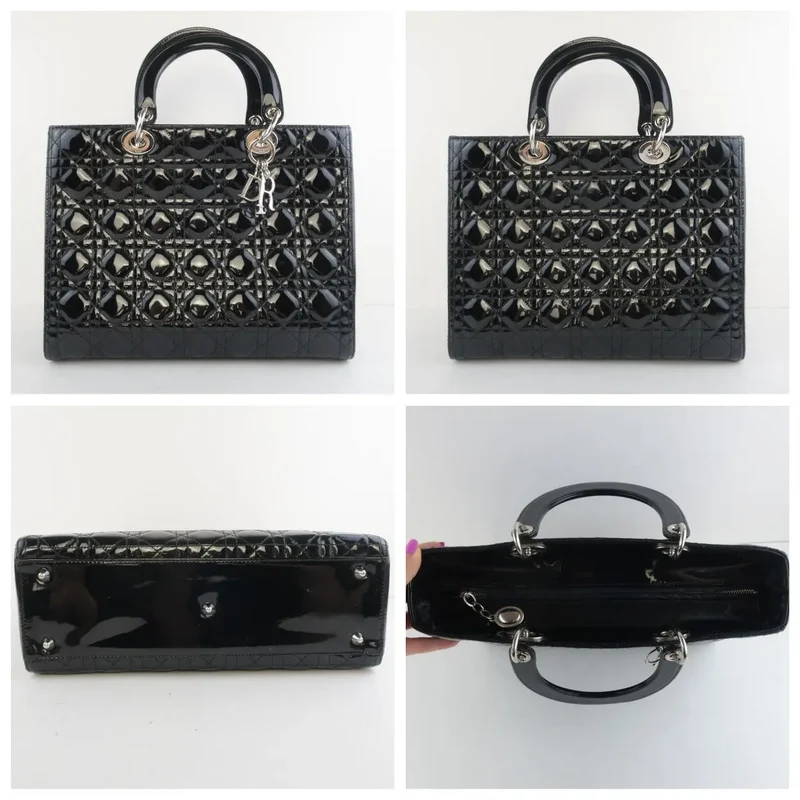 Christian Dior Black Cannage Patent Leather Large Lady Dior Shoulder Bag