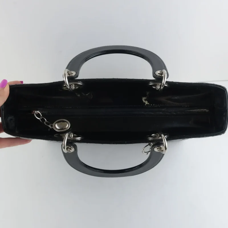 Christian Dior Black Cannage Patent Leather Large Lady Dior Shoulder Bag