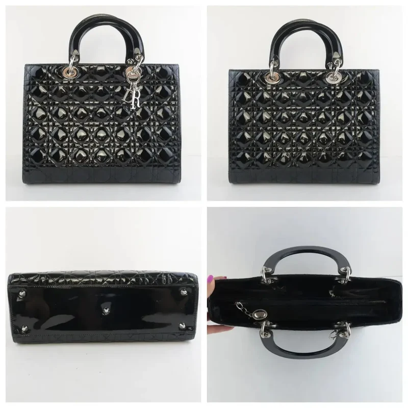 Christian Dior Black Cannage Patent Leather Large Lady Dior Shoulder Bag