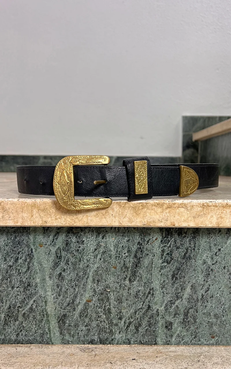Vintage Western Leather Belt with Ornate Gold Tone Buckle