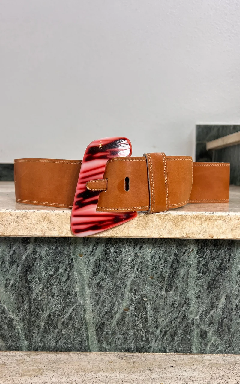 Vintage Leather Statement Belt with Marbled Acrylic Buckle