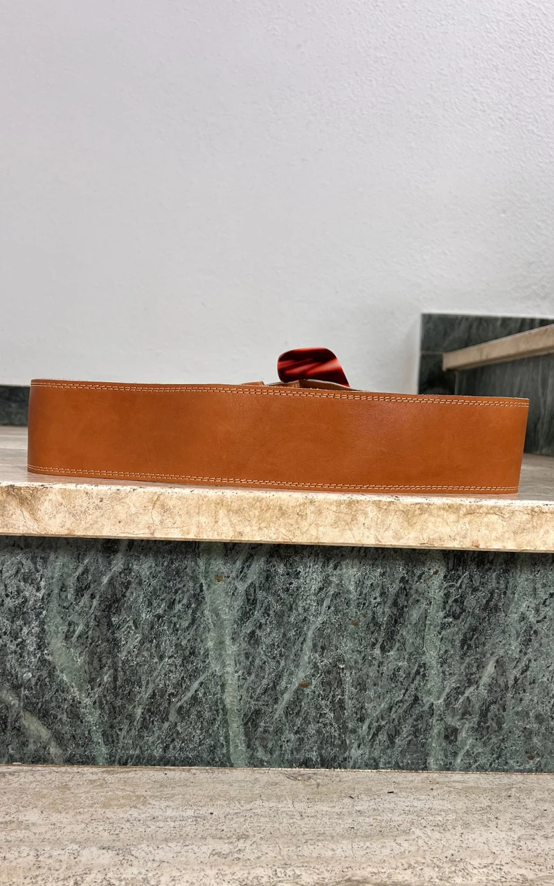 Vintage Leather Statement Belt with Marbled Acrylic Buckle
