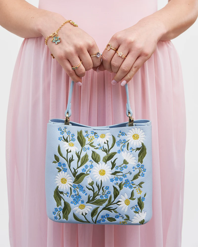 Emma Forget Me Not Blue Embroidered Bucket Bag