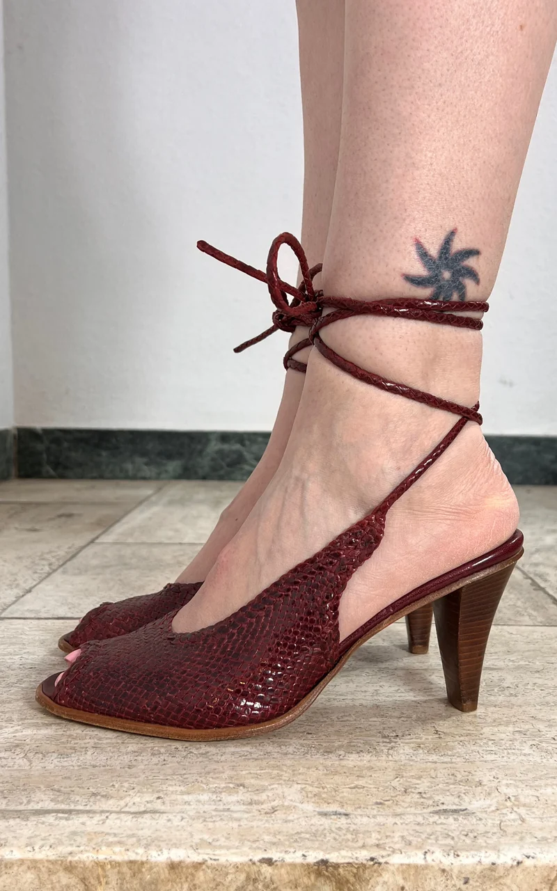 Vintage Burgundy Woven Lace-up Heels 40