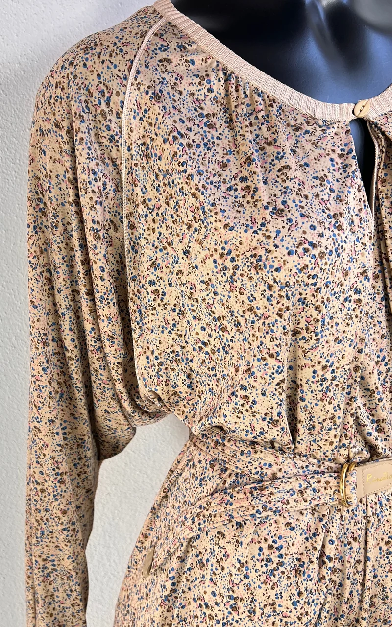 Vintage 70s Ranotto Silk Jersey Flower Dress with Drapped Batwing Sleeves